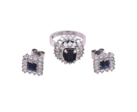 
	
		A PAIR OF DIAMOND AND SAPPHIRE CLUSTER EARRINGS AND RING
		CIRCA 1970
		The squared clusters centred with a step cut sap