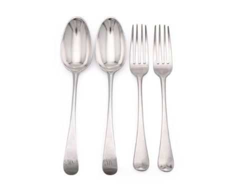 A SET OF EIGHT GEORGE III SILVER OLD ENGLISH PATTERN TABLE SPOONS JOHN LAMPFERT, LONDON 1772 Engraved MC 22cm (8 3/4in) 
Toge