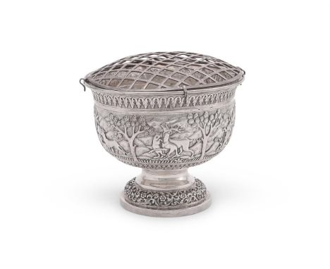 
	
		AN INDIAN SILVER PEDESTAL ROSE BOWL
		J. MANIKRAI, KARACHI, STAMPED T.95 CIRCA 1900
		With an embossed foliate border an