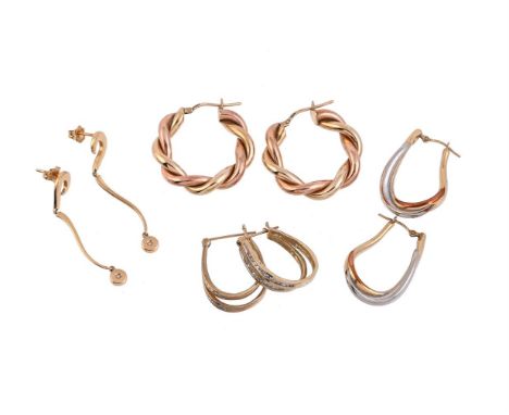 
	
		FOUR PAIRS OF GOLD COLOURED EARRINGS
		The first a pair of 18 carat gold scrolled articulated drop ear pendants, with di
