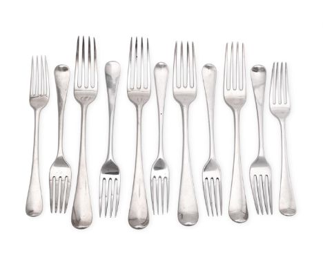 
	
		THIRTEEN GEORGE III SILVER HANOVERIAN PATTERN TABLE FORKS AND SEVENTEEN DESSERT FORKS
		VARIOUS MAKERS AND DATES
		Some 