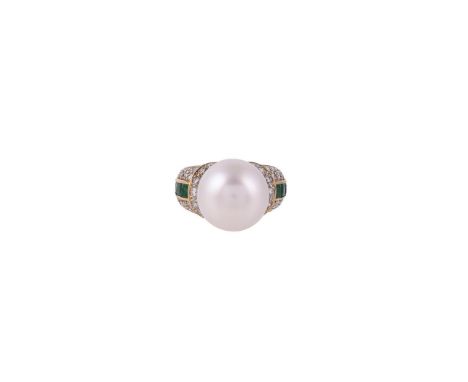 
	
		A SOUTH SEA CULTURED PEARL, DIAMOND AND EMERALD DRESS RING
		The South Sea cultured pearl between brilliant cut diamond 