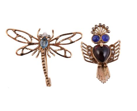 
	
		TWO NOVELTY BROOCHES
		The first a flying bird of paradise, with half seed pearl plumage and wings, circular cabochon bl