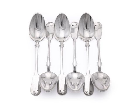 
	
		A SET OF SIX AUSTRIAN SILVER FIDDLE PATTERN DESSERT SPOONS
		PRAGUE, 1872 - 1922, .800 STANDARD
		Engraved with a monogr