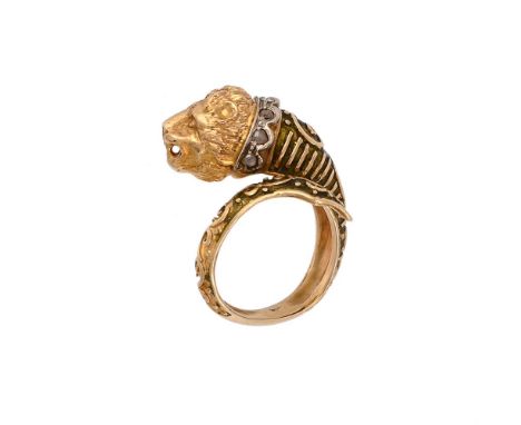 
	
		AN ENAMEL AND DIAMOND LION RING
		The coiling green enamelled ring with scrolling decoration to a lion head terminal, wi