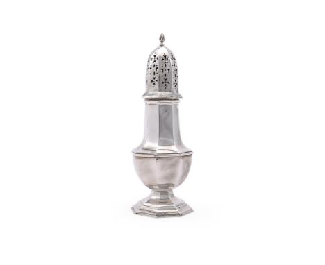 
	
		A SILVER OCTAGONAL BALUSTER CASTOR
		GOLDSMITHS AND SILVERSMITHS CO. LTD., LONDON 1924
		With a wrythen cone finial to t