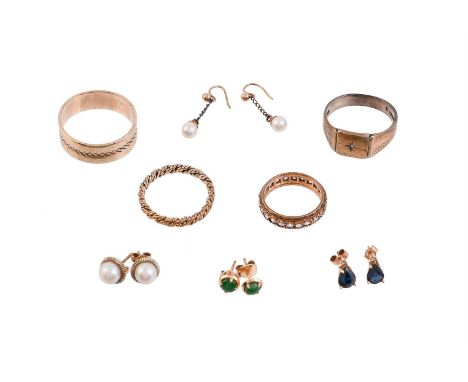 
	
		A COLLECTION OF JEWELLERY
		To include a 9 carat gold broad band ring, London 1975; a woven rope twist ring; a white sto