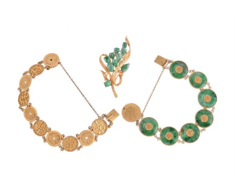 
	
		A SMALL COLLECTION OF CHINESE JEWELLERY
		Comprising a gold coloured bracelet with disk shaped panels with applied Chine