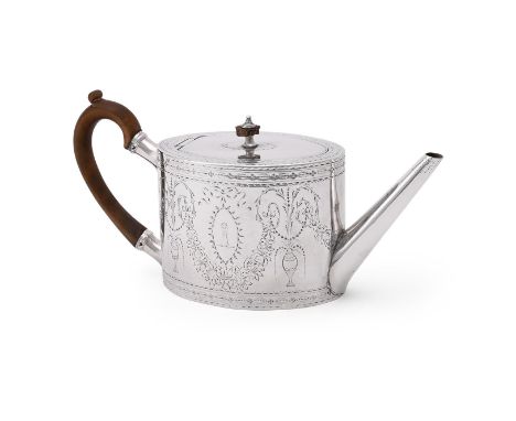 
	
		A GEORGE III SILVER OVAL TEAPOT
		ROBERT HENNELL I, LONDON 1784
		With a bell shaped finial to the flat cover, a wood lo