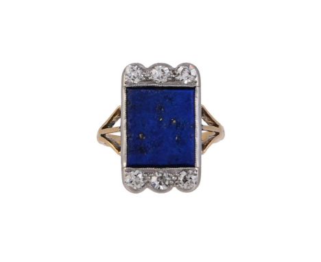 
	
		AN ITALIAN LAPIS LAZULI AND DIAMOND PANEL RING
		The rectangular lapis lazuli panel between two rows of eight cut diamon