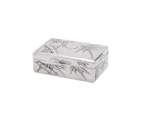 
	
		A CHINESE SILVER RECTANGULAR SILVER CIGARETTE BOX
		HE SHENG, EARLY 20TH CENTURY
		Embossed with bamboo, the cover engra