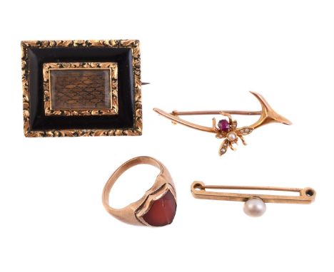 
	
		A SMALL COLLECTION OF JEWELLERY
		Comprising an Edwardian wishbone and half seed pearl and ruby set fly brooch, stamped 