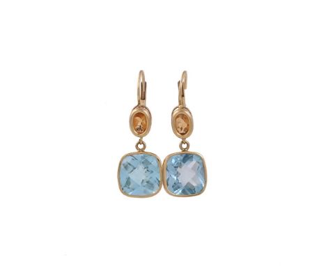 
	
		A PAIR OF BLUE TOPAZ AND CITRINE EAR PENDANTS
		The cushion shaped mixed cut blue topaz in gold coloured collet settings