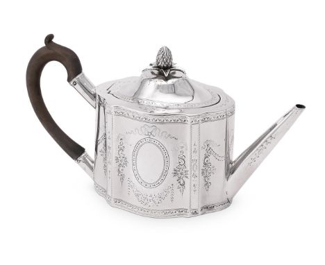 
	
		A GEORGE III SILVER SHAPED OVAL TEAPOT
		MAKER'S MARK OBSCURED, LONDON 1788
		With a pineapple finial to the domed cover