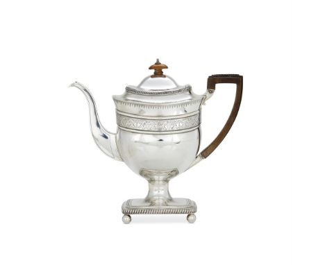 
	
		A GEORGE III SILVER OBLONG PEDESTAL TEA POT
		PETER &amp; WILLIAM BATEMAN, LONDON 1789
		With a wood finial to the domed