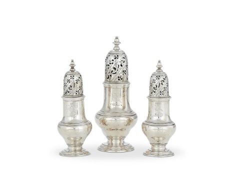 
	
		A SET OF THREE GEORGE II SILVER BALUSTER CASTERS
		SAMUEL WOOD, LONDON 1753
		With bell shaped finials to the pierced do