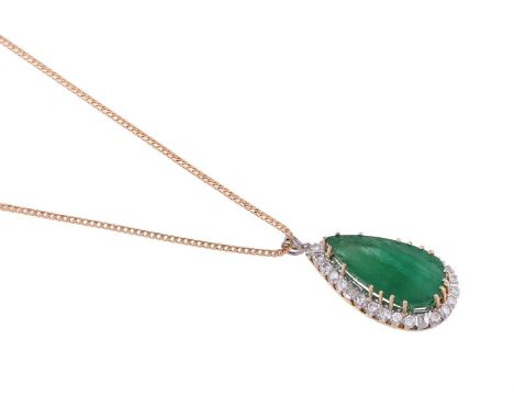 
	
		AN 18 CARAT GOLD, EMERALD AND DIAMOND CLUSTER PENDANT 
		LONDON 1981
		The pear cut emerald within a surround of brillia