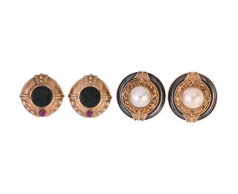 
	
		A TWO PAIRS OF GOLD COLOURED EAR CLIPS
		The first pair set with a central mabé pearl within a scrolled rope twist wire 
