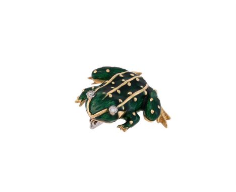 
	
		AN ITALIAN ENAMEL AND DIAMOND FROG BROOCH 
		The green enamelled seated frog with brilliant cut diamond set eyes, approx