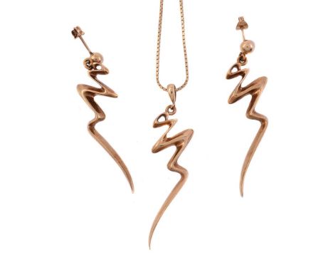 
	
		A 9 CARAT GOLD LIGHTNING EARRING AND PENDANT SUITE 
		LONDON 2002
		The earrings with polished zig zag panels, with stud