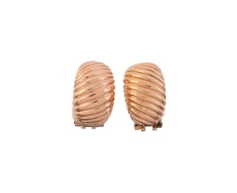 
	
		A PAIR OF REEDED EAR CLIPS
		The tapered half hoop ear clips with diagonal reeding, stamped 750 with Italian control mar