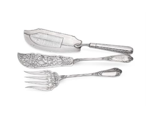 
	
		A PAIR OF CONTINENTAL SILVER COLOURED FISH SERVERS
		STAMPED 800
		The foliate and shell handles engraved VJ, the knife 