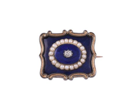 
	
		A LATE GEORGIAN ENAMEL, DIAMOND AND HALF PEARL BROOCH
		The blue enamelled rectangular panel with an applied blue enamel