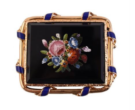 
	
		A FLORAL MICROMOSAIC BROOCH 
		The black rectangular panel with micro mosaic rose, carnation, morning glory amongst othe