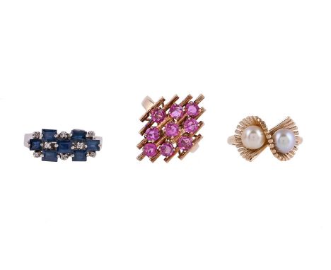 
	
		THREE DRESS RINGS
		The first a sapphire and diamond dress ring, the step cut sapphires interspaced with eight cut diamo