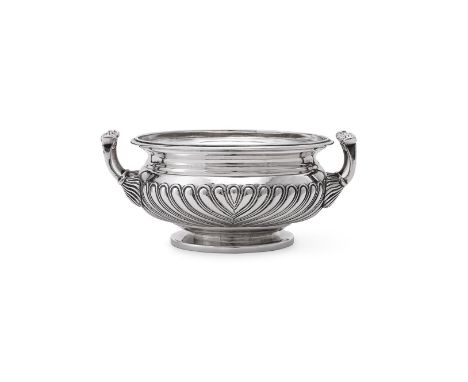 
	
		A GEORGE III SILVER TWIN HANDLED SUGAR BOWL
		MAKER'S MARK OBSCURED, LONDON 1818 
		With twin leaf capped loop handles, 