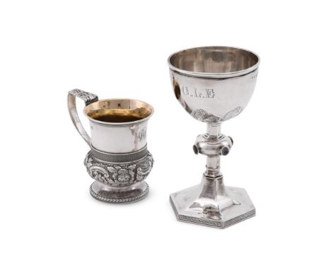 
	
		A VICTORIAN SILVER WINE CUP
		MAKER'S MARK OBSCURED, BIRMINGHAM 1864
		Engraved C.L.E, foliate decoration and a Hebrew s