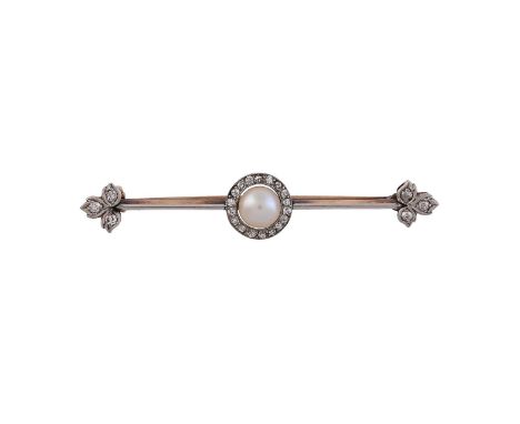
	
		AN EARLY 20TH CENTURY A BOUTON PEARL AND DIAMOND BAR BROOCH 
		CIRCA 1910
		The gold and platinum knife edge bar centred