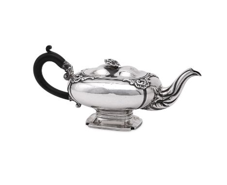 
	
		A DUTCH SILVER OBLONG TEAPOT
		.934 STANDARD, CIRCA 1850
		With a flower finial to the domed pull off cover, a wooden ha