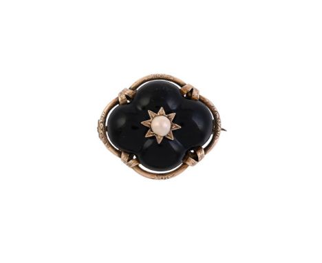 
	
		A VICTORIAN BLACK ENAMEL AND PEARL BROOCH 
		CIRCA 1870
		The quatrefoil black enamelled panel centred with a half pearl