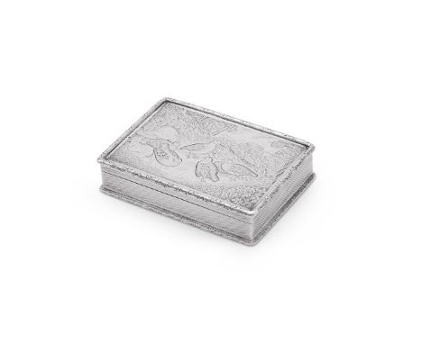 
	
		A SILVER RECTANGULAR SNUFF BOX
		MAKER'S MARK OBSCURED, BIRMINGHAM 1923
		The cover engraved with six birds, the body wi