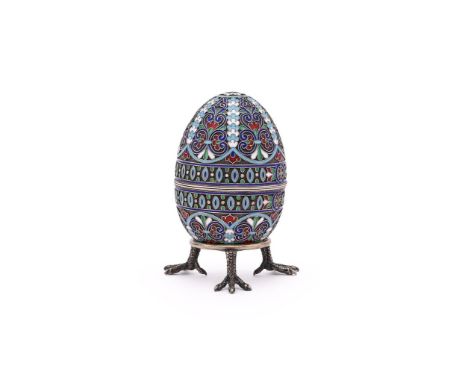 
	
		A MID 20TH CENTURY COPY OF A SILVER AND CLOISONNE ENAMEL EGG
		SPURIOUS MARKS
		Painted with panels of scrolls and flowe