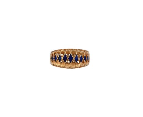 
	
		VERGANO FRANCO, A 1970S ENAMEL RING
		The pierced tapered panel with blue enamelled graduated lozenges to the centre, th