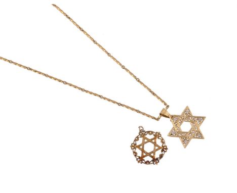 
	
		TWO STAR OF DAVID PENDANTS AND A GOLD FANCY LINK CHAIN
		The first pendant with pierced scrolled foliate decoration with