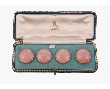 
	
		A SET OF FOUR EARLY 20TH CENTURY ROSE QUARTZ BUTTONS
		The circular cabochon rose quartz panels in gold settings, unmark