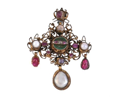 
	
		A RENAISSANCE STYLE BROOCH PENDANT 
		The silver gilt pierced scrolled panel with a central emerald panel with applied r