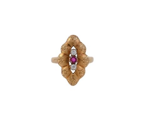 
	
		CREPERIO ENRICO, A 1970S ITALIAN RUBY AND DIAMOND PANEL RING
		The textured and scrolled lobed marquise shaped panel set