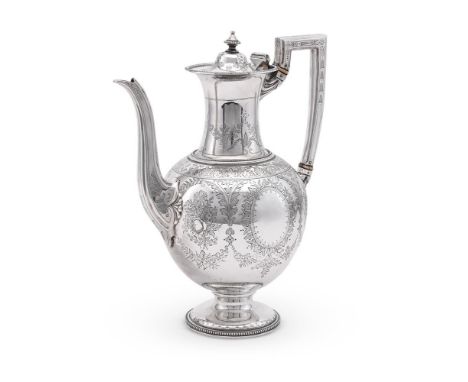 
	
		Y&nbsp;A VICTORIAN SILVER COFFEE POT
		THOMAS WHITE, LONDON 1875
		With a beaded cone finial to the domed cover, an angu