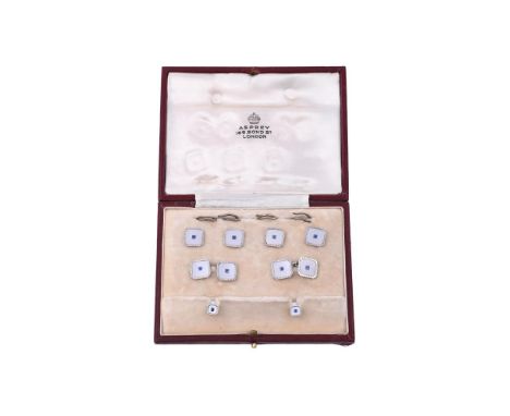 
	
		Y&nbsp;A MID 20TH CENTURY SAPPHIRE AND MOTHER OF PEARL DRESS SET
		The squared mother of pearl panels each centred with 