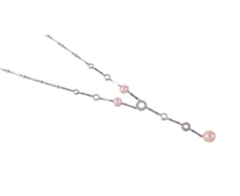 
	
		A CULTURED PEARL AND DIAMOND NECKLACE
		The drop with pearl terminal to polished baton spacers wit polished and brillian