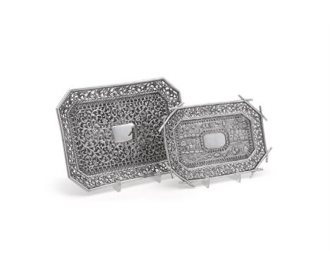 
	
		AN INDIAN SILVER CANTED RECTANGUALR TRAY
		19TH CENTURY, UNMARKED
		The boarder pierced and embossed with foliate swags,