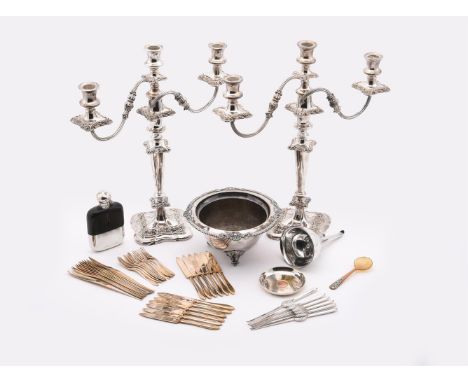 A COLLECTION OF ELECTRO-PLATED ITEMS To include: a pair of three light candelabra; a wine funnel; a leather and glass spirit 