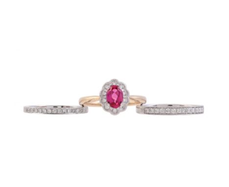 
	
		THREE GEM SET RINGS
		Two half eternity diamond rings, set with brilliant cut diamonds, in 9 carat gold settings, approx
