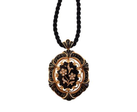 
	
		A DIAMOND SET BLACK AND WHITE ENAMELLED BROOCH/PENDANT 
		With a central eight cut diamond accented floral panel, stampe