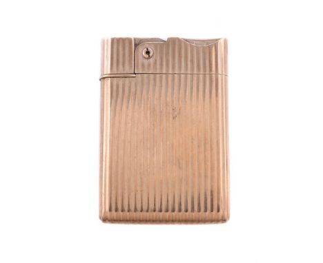 
	
		A 9 CARAT GOLD LIGHTER
		ASPREY, LONDON DATE LETTER OBSCURED
		With reeded decoration
		6cm (2 1/2in) high

	

