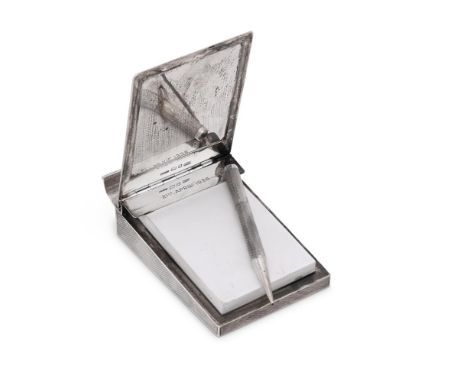 
	
		A SILVER ENGINE TURNED NOTEPAD
		ASPREY &amp; CO. LTD., LONDON 1935
		The hinged cover opening to a paper  pad, engraved